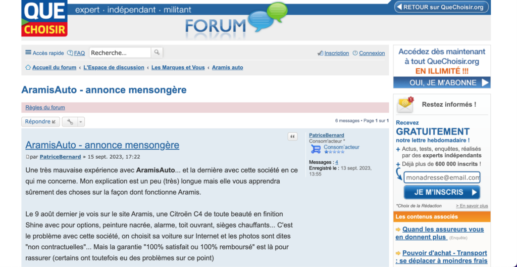 Que choisir annonces mensongères Aramis Auto